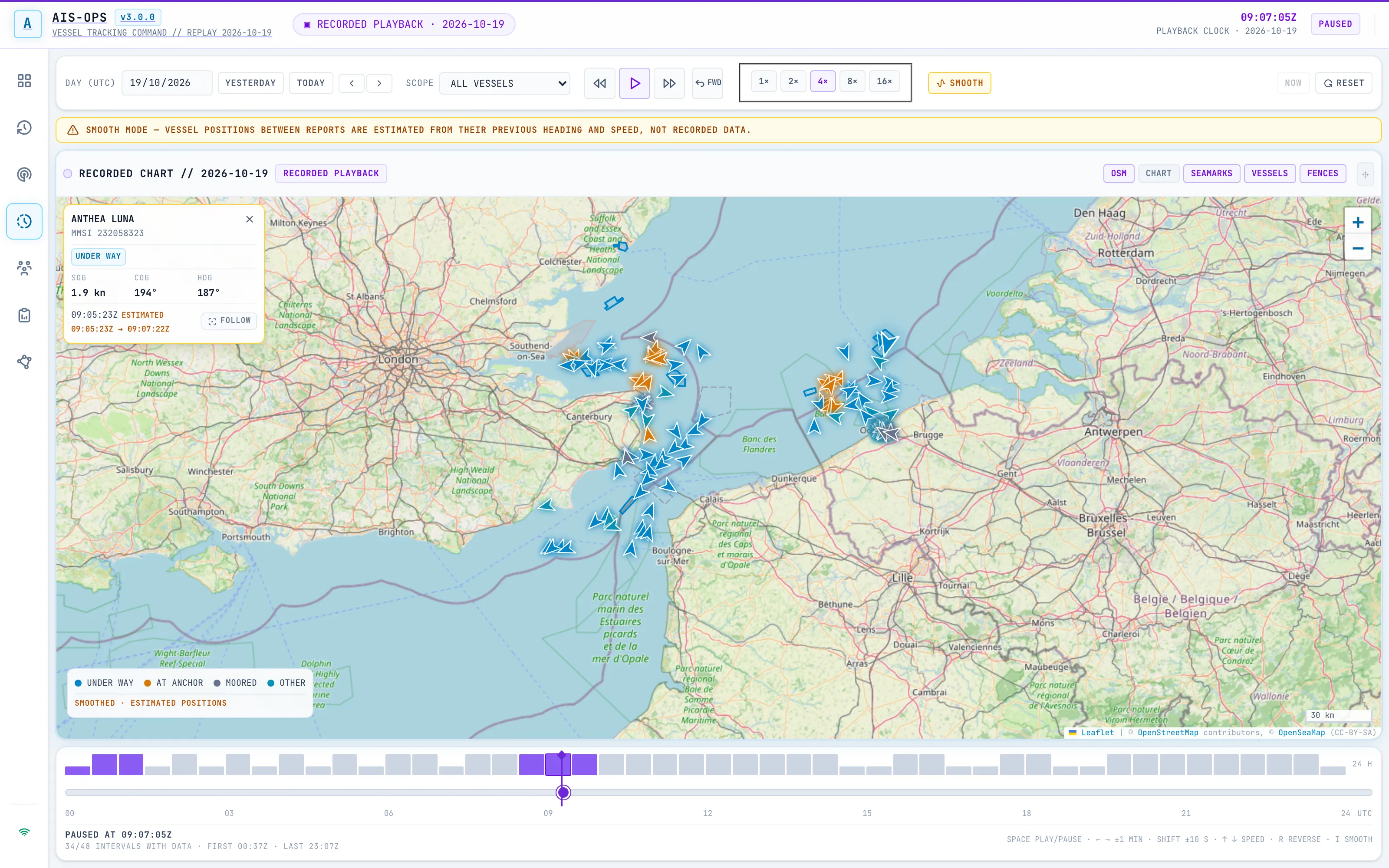 Playback in smooth mode with an on-screen notice that positions between reports are estimated, and a selected vessel showing its estimated position window.